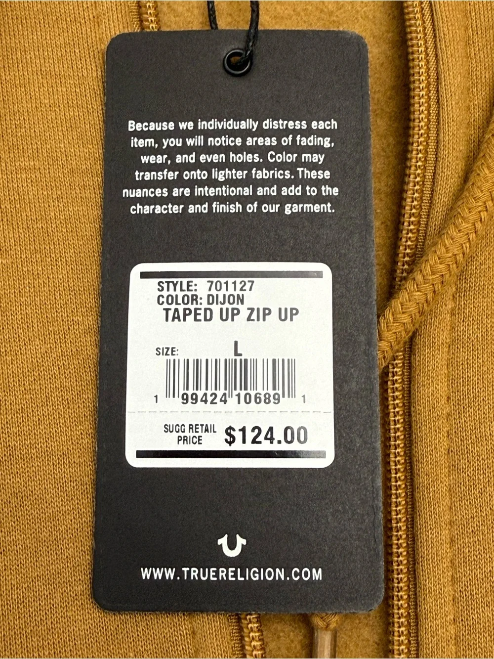 True Religion Mustard Brown Zip Hoodie with Logo Tag